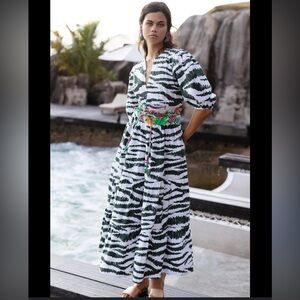 Oliphant Green and White Puff Sleeve Cotton Maxi Dress with pockets EUC